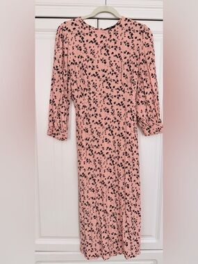 Uniqlo Pink Floral Midi Dress Tie Back Long Sleeve Size Large